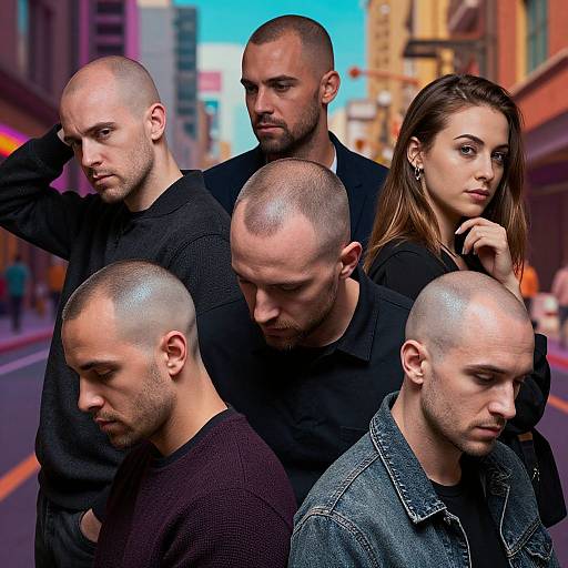 Photograph of five bald, serious-looking men and one brunette woman in black clothing, standing in a colorful urban street background.