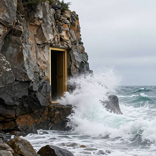 Photograph of a rocky cliff with a golden-framed, vertical wooden door, splashed by turbulent ocean waves under a cloudy sky.