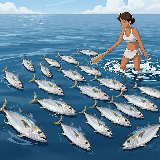 Digital illustration: Brown-haired woman in white bikini standing in blue ocean, gently pushing a wooden paddle, surrounded by numerous silver fish.