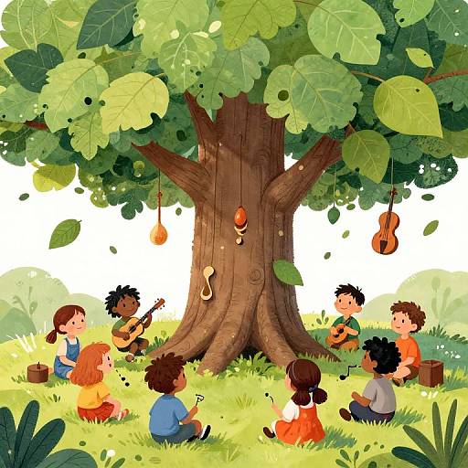 Children Making Music Around Giant Tree