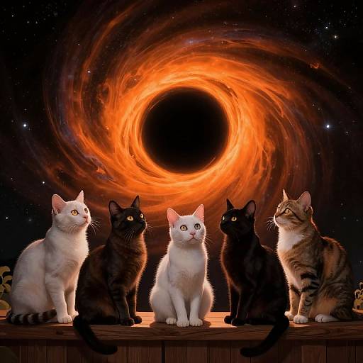 Photograph of five cats—white, two black, and two striped—sitting on a wooden ledge against a swirling, fiery black hole backdrop in