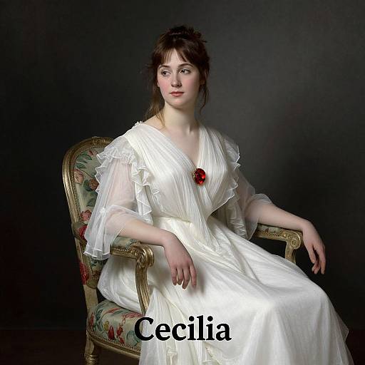 Photograph of a fair-skinned woman with dark brown hair in a white, sheer, Victorian-style dress, seated on a floral-patterned chair,