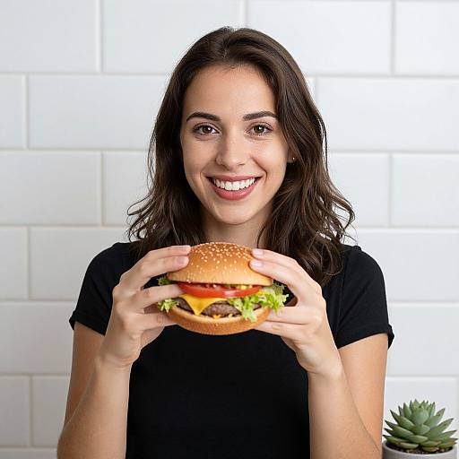 Photograph of a smiling young woman with wavy brown hair, wearing a black shirt, holding a cheeseburger against a white tiled wall.