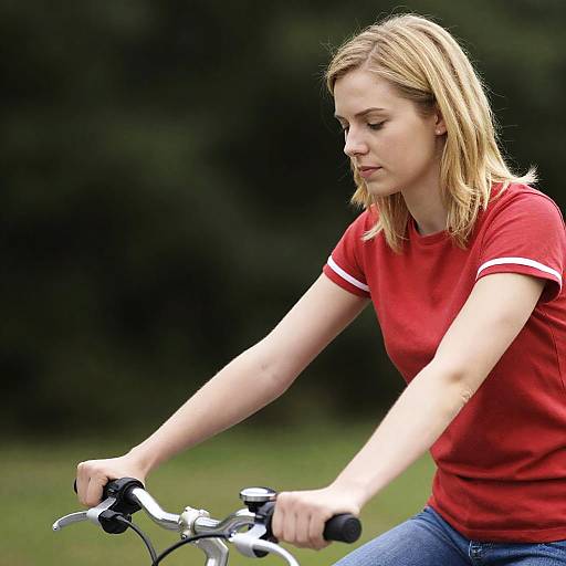 Blonde Woman with Bike in Red Shirt