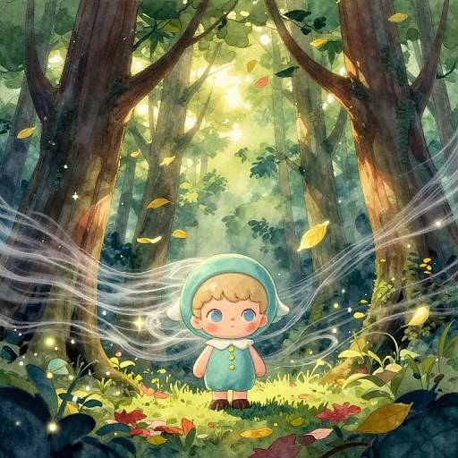 Digital anime-style drawing of a cute, blushing child in a green hooded dress standing in a sunlit forest, surrounded by glowing lights and swirling