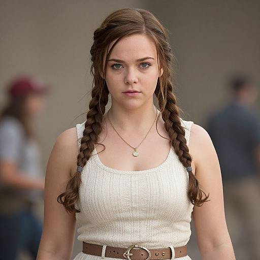 Photograph of a young woman with braided brown hair, wearing a white tank top and brown belt, standing outdoors with a blurred background. She has