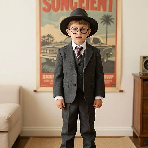 Photograph of a young boy in a vintage-style dark gray suit, red tie, white shirt, black bowler hat, and round glasses, standing