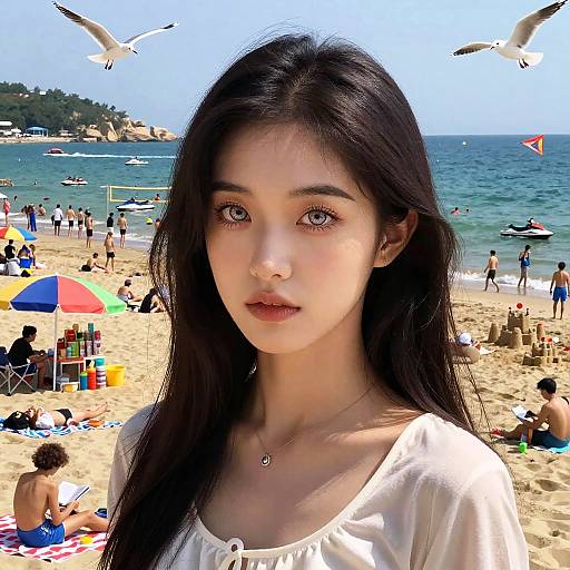 Photograph of an Asian woman with long black hair, fair skin, and blue eyes, wearing a white blouse, standing on a sunny beach with people