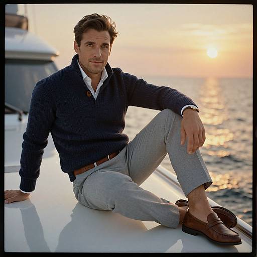 Photograph of a handsome man with wavy brown hair, wearing a navy sweater, white shirt, gray pants, and brown loafers, sitting on