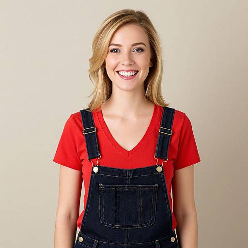 Smiling Blonde Woman in Red Tee