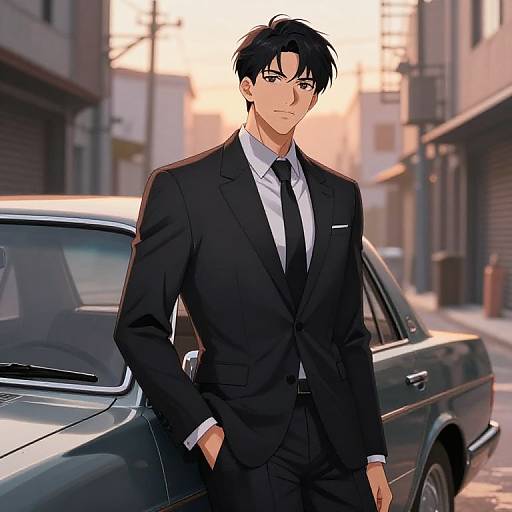 Anime-style digital illustration of a handsome, black-haired man in a black suit and tie standing beside a classic car on a sunlit urban street.