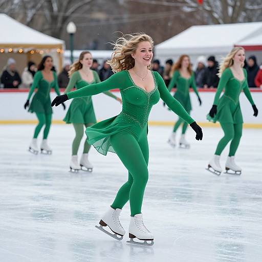 Photograph of a smiling, blonde female ice skater in a green, sparkly dress and tights, gliding on an outdoor rink with