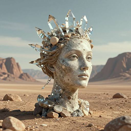 Photorealistic CGI of a metallic, crystal-adorned head with a serene expression, set in a desert landscape with rocky mountains.