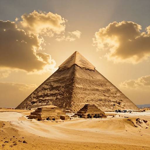 Photograph of the Great Pyramid of Giza at sunset, with golden clouds and sunlight illuminating its ancient, textured stone structure in a vast, sandy