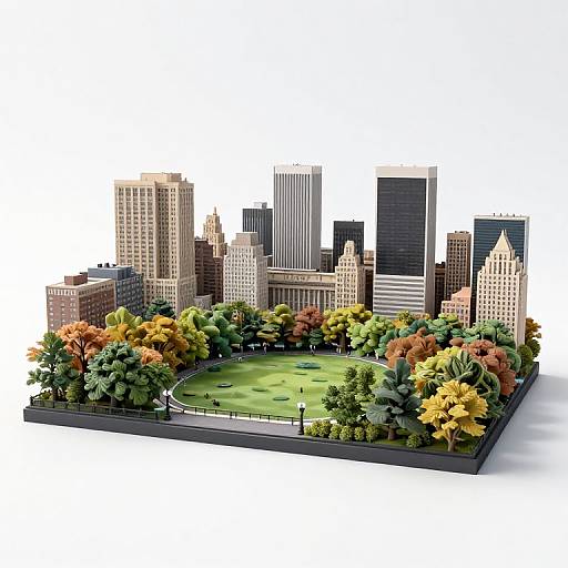 Photograph of a detailed 3D model depicting a cityscape with colorful autumn trees, a grassy park, and a diverse skyscraper skyline.