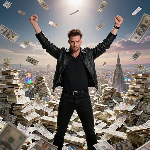 Photograph of a confident, bearded man in a black leather jacket and black shirt, standing triumphantly with arms raised amidst flying money and stacks of