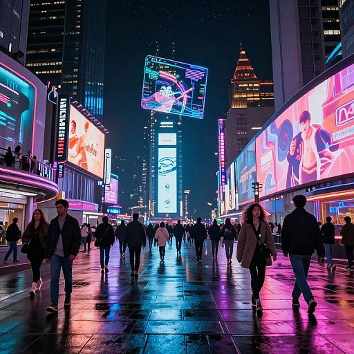 Nighttime photograph of a vibrant, neon-lit city street in Times Square, with numerous people walking under colorful, illuminated billboards.