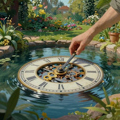 Photograph of a hand turning a clock submerged in a garden pond, surrounded by vibrant flowers and lush greenery.