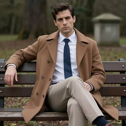 Man in Brown Overcoat Sitting on Park Bench