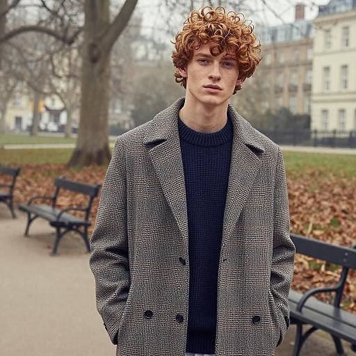 Photograph of a young man with curly red hair, wearing a black herringbone coat over a black sweater, standing in a park with scattered autumn