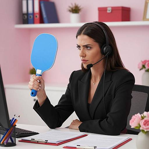 Intense Businesswoman Holding Blue Paddle in Office