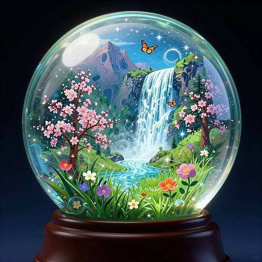 Digital illustration of a magical snow globe with a vibrant waterfall, cherry blossoms, colorful flowers, butterflies, mountains, and a moonlit sky.