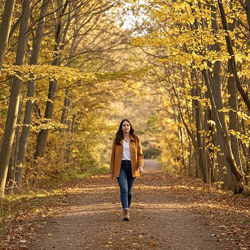 Photograph of a smiling woman with long brown hair, wearing a brown coat, white shirt, blue jeans, and brown boots, walking down a sun