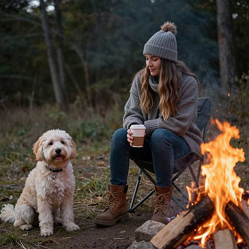Photograph of a woman in a gray knit hat and sweater, sitting by a campfire, holding a mug, with a fluffy white dog sitting beside