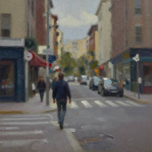 Impressionistic street painting of a busy urban crosswalk with blurred figures, cars, and buildings in soft, textured colors.