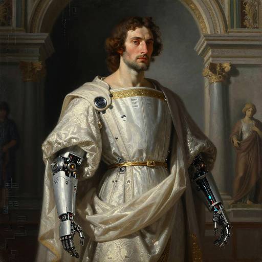 Photorealistic digital painting of a medieval knight with curly brown hair, metallic robotic arms, and a luxurious white, gold-embroidered robe in