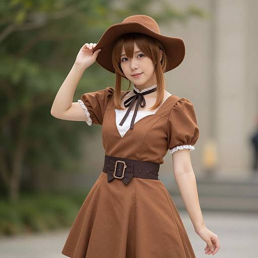 Photograph of a young Asian woman in a brown, puffy-sleeve dress with white collar, black ribbon, and wide-brimmed hat