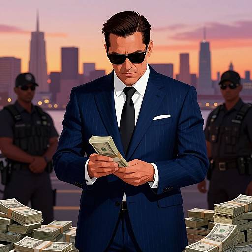 Photograph-style digital art: Suave man in black suit, sunglasses, and tie, counting cash in front of skyscrapers at sunset, surrounded
