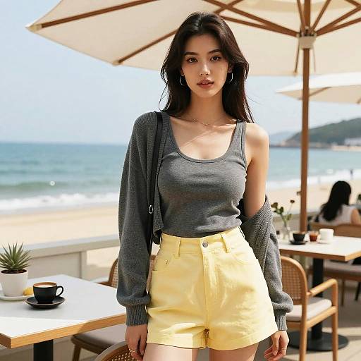 Photograph of a young woman with long dark hair, wearing a gray tank top, yellow high-waisted shorts, and a gray cardigan,