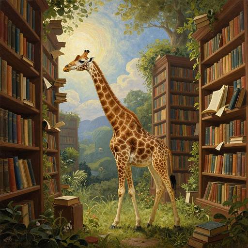 Digital painting of a giraffe standing between two book-filled wooden libraries, with lush greenery and a sunny sky in the background.
