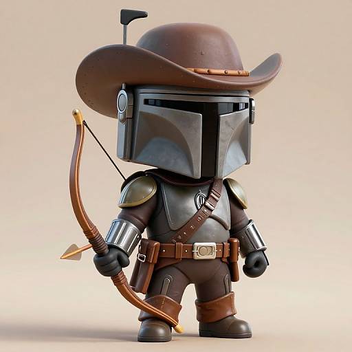 Chibi-style digital art of a Mandalorian character in a brown cowboy hat, black armor, and holding a bow with an arrow.