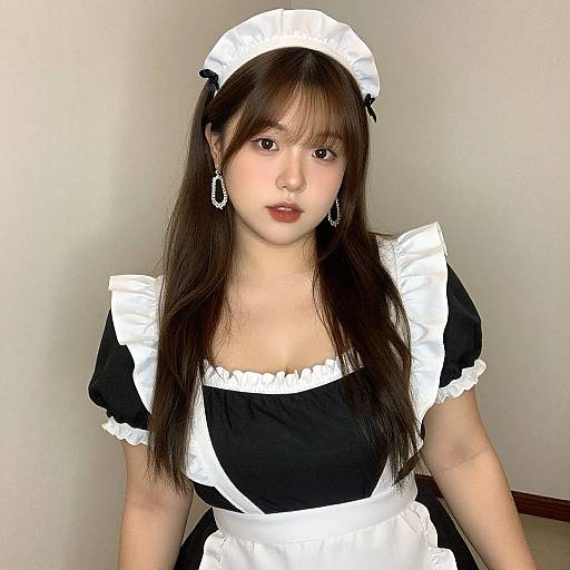 Photograph of an Asian woman with long brown hair, wearing a black and white French maid outfit, including a headpiece, and silver dangling earrings,
