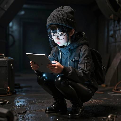 Photograph of a young Asian girl with glasses, black beanie, hoodie, and leather pants, crouching in a dimly lit industrial space