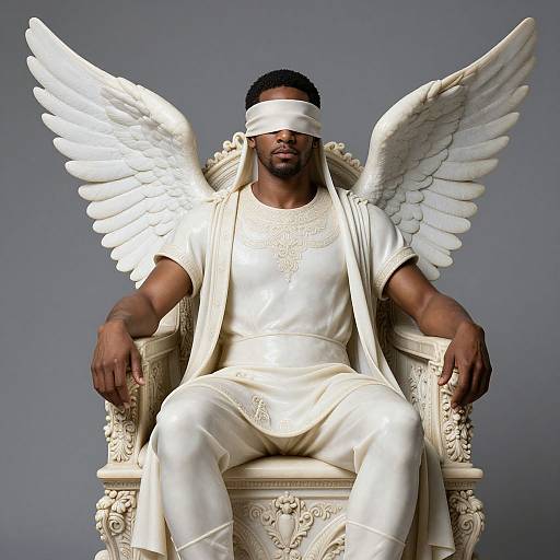 Photograph of a muscular Black man with white angel wings and blindfold, sitting on an ornate white throne, wearing white, satin-like attire against
