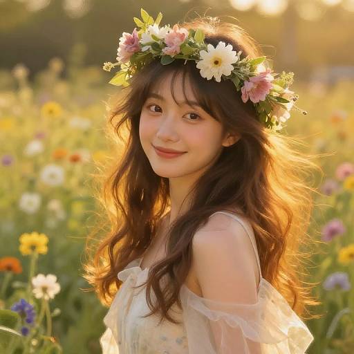 Photograph of an Asian woman with long, wavy brown hair, wearing a floral crown and off-shoulder white dress, smiling in a sun