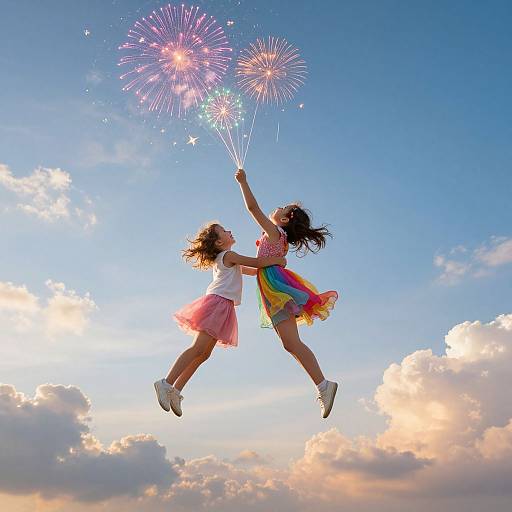 Photograph of two girls in mid-air, holding sparklers, wearing colorful dresses, against a bright blue sky with fluffy clouds.