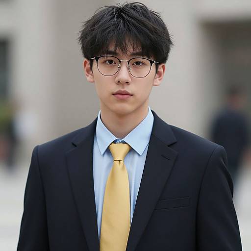 Photograph of an East Asian young man with black hair, glasses, wearing a black suit, light blue shirt, and yellow tie, standing outdoors with