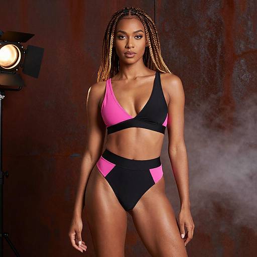 Confident transgender woman in color-block lingerie set