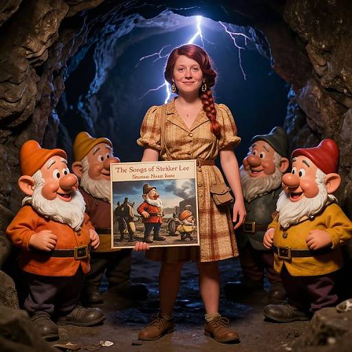 Photograph of a smiling red-haired woman in a brown dress, holding a 