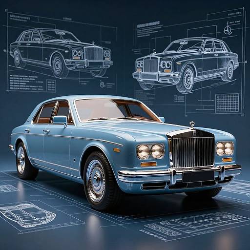 Photograph of a sleek, blue vintage Rolls-Royce sedan with illuminated headlights, displayed against a technical blue background with white engineering diagrams.