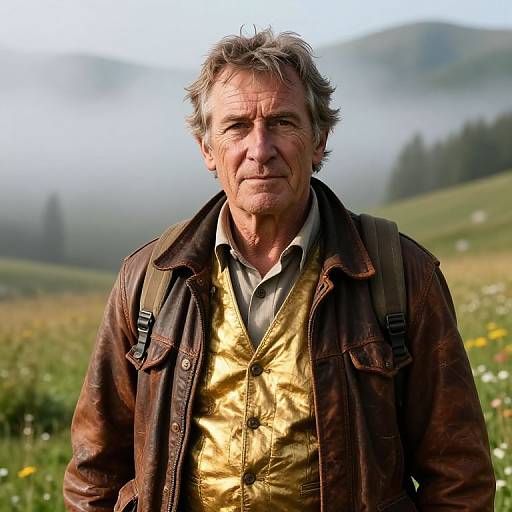 Photograph of an older, rugged-looking man with gray hair, wearing a brown leather jacket over a gold vest, standing in a misty, green
