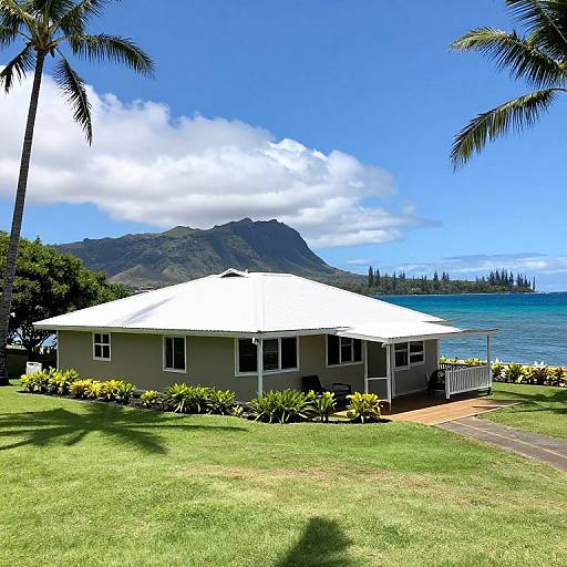 Photograph of a single-story, beige house with white roof, surrounded by green lawn, palm trees, ocean, and mountainous background.