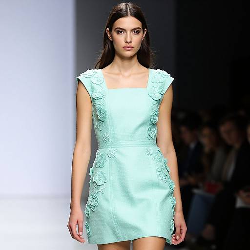Photograph of a slender, dark-haired model in a light blue, sleeveless dress with intricate floral embroidery, walking a runway.