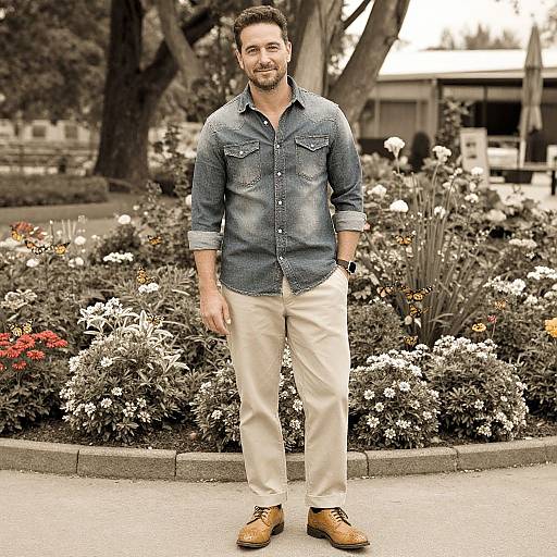 Photograph of a smiling, bearded man in a blue denim shirt, beige pants, and brown shoes standing in a vibrant flower garden.