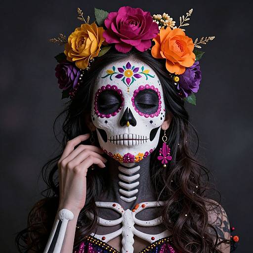 Photograph of a woman with a colorful sugar skull face, dark wavy hair, flower crown, and skeleton makeup against a dark background.