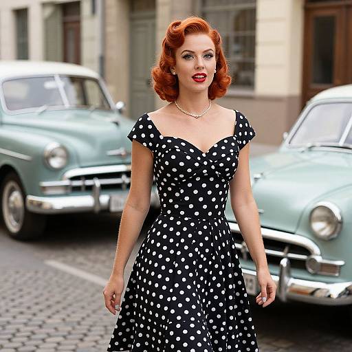 Photograph of a red-haired woman in a black polka dot dress, pearl necklace, standing in front of vintage light blue cars on a cobble